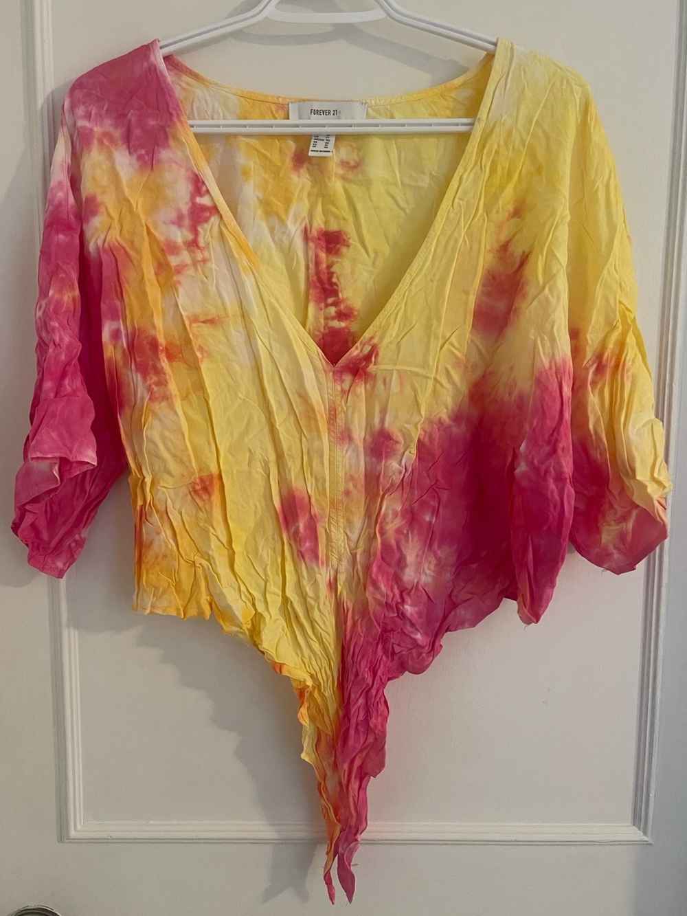 Forever 21 Yellow & Pink Tie-Dye V-Neck Top - Picture 1 of 3